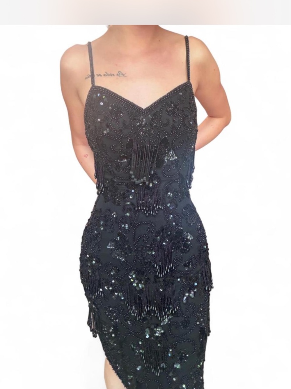 Neiman Marcus Black Beaded One-Shoulder Fringe Dress